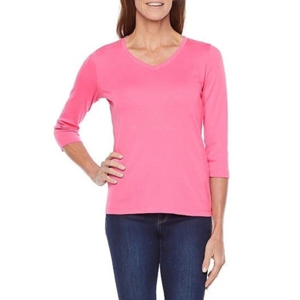 St. John's Bay Misses Size XXL V-Neck 3/4 Sleeve T-Shirt- Pink 100% Cotton